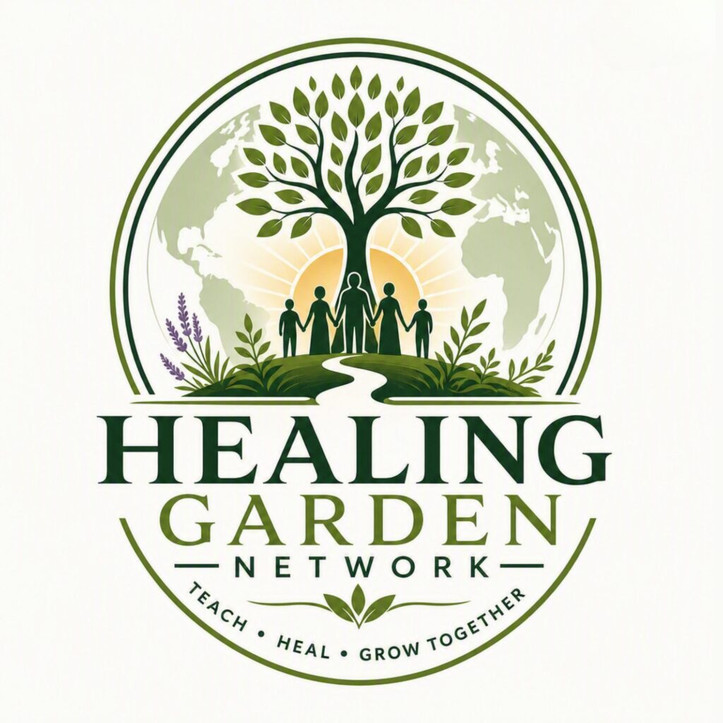 Logo of Healing Garden Network showing people beneath a tree with a global backdrop.