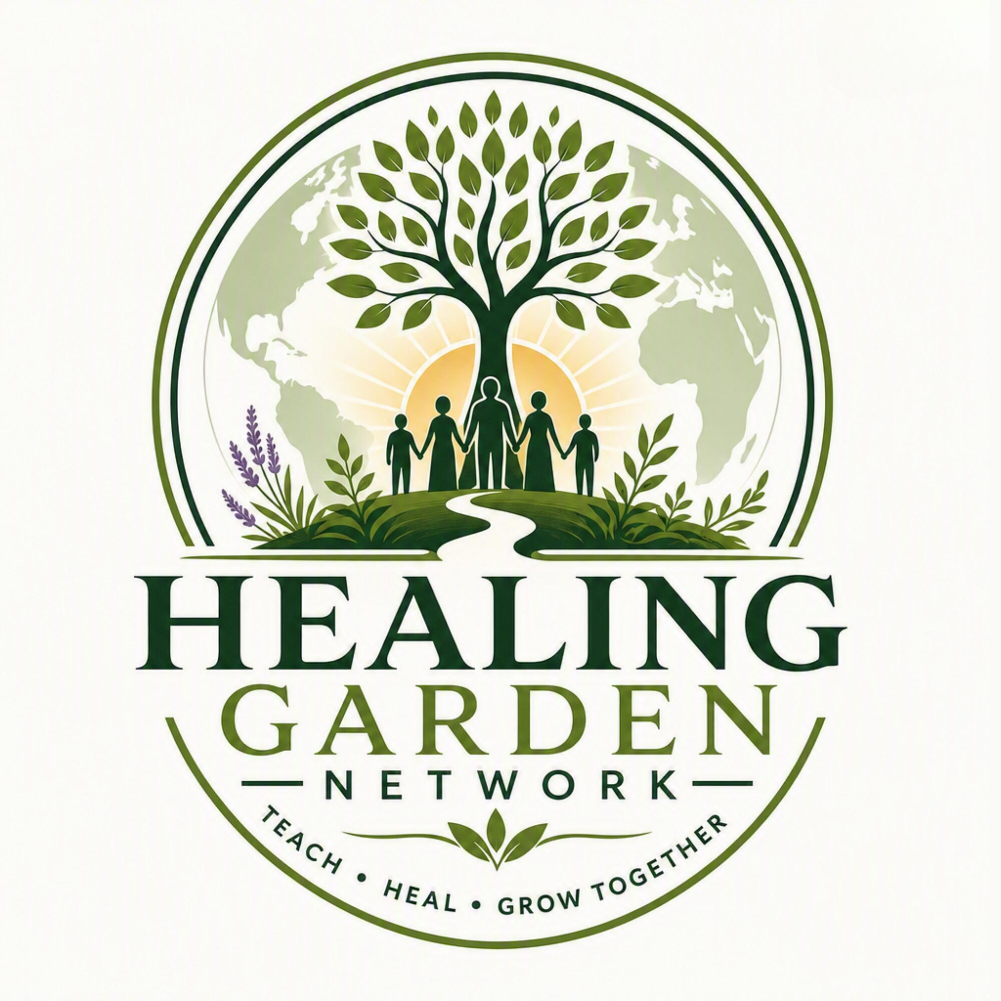 Logo of Healing Garden Network showing people beneath a tree with a global backdrop.